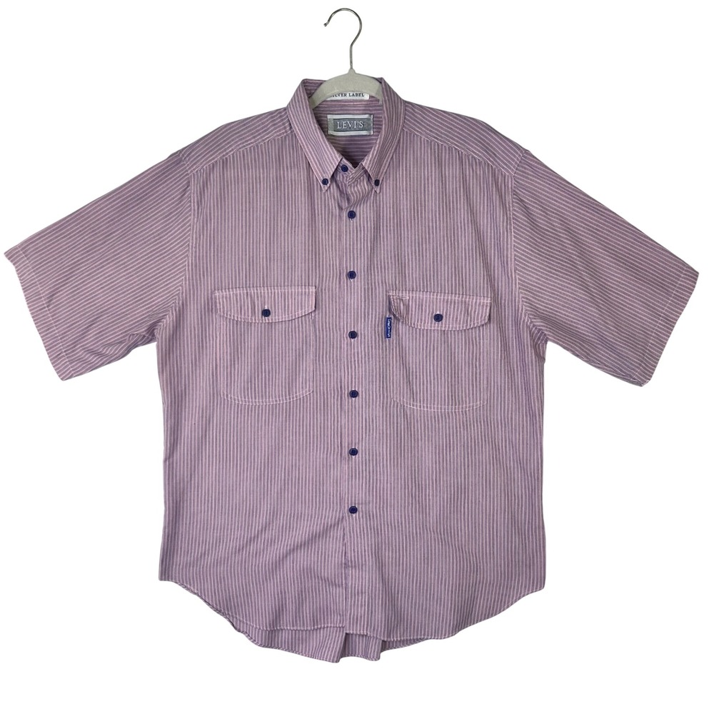 Levis Silver Label Mens Large Pink Blue Pinstripe Short Sleeve Button Down Shirt